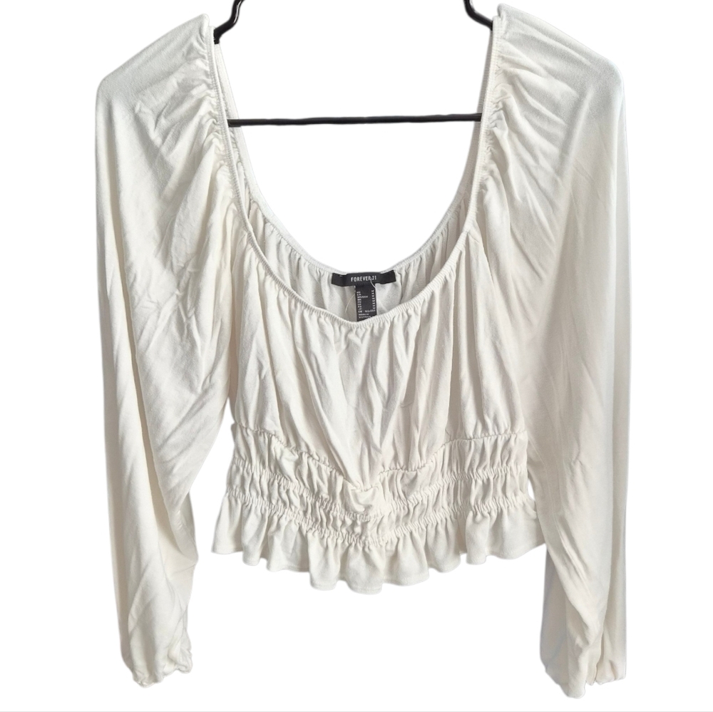 Forever 21 White Scoop-Neck Smocked Ruffle Crop Top